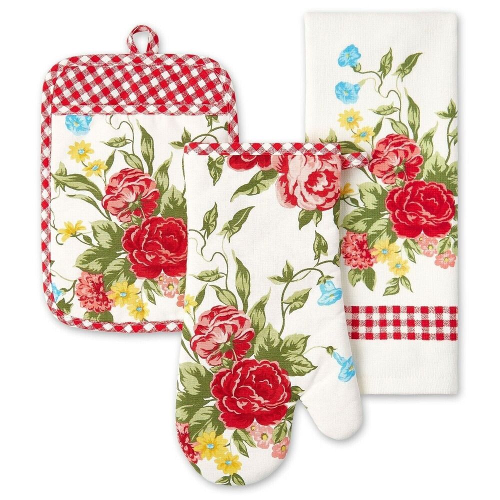 Pioneer Woman Sweet Rose Floral Kitchen Set Towel Oven Mitt Potholder Red Checks